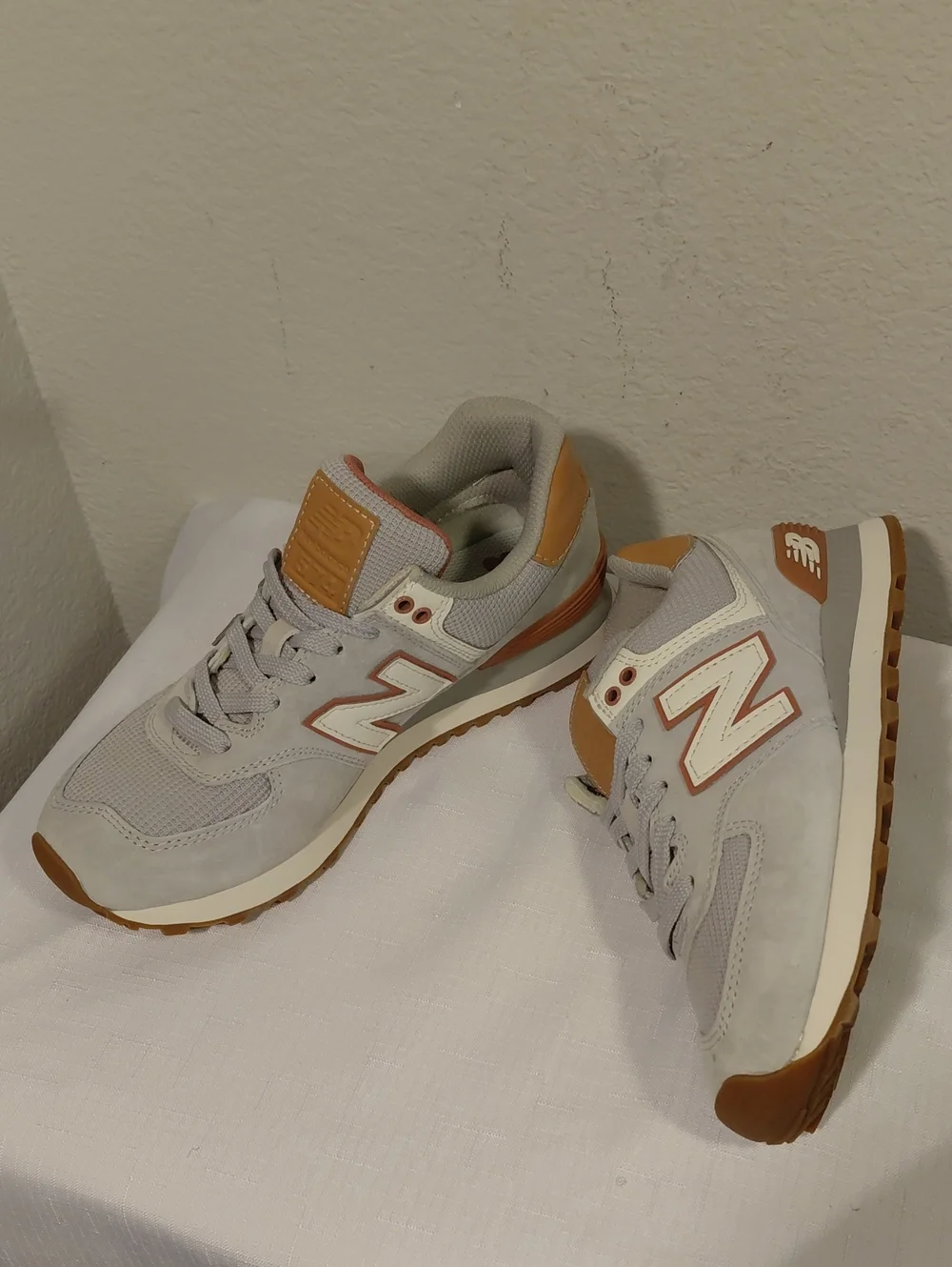 New Balance 574 Light Gray with Tan Accents